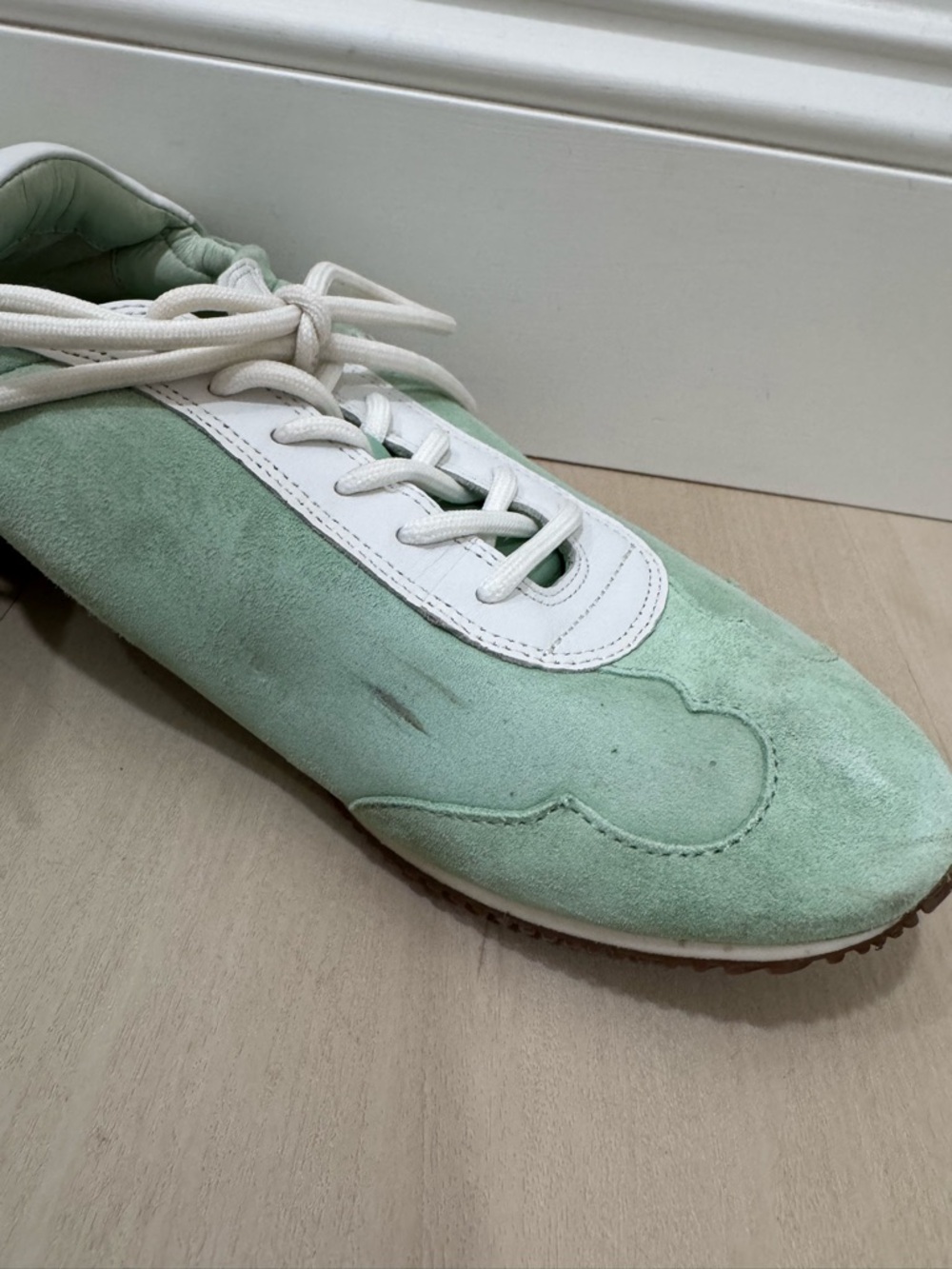 Tory Burch Mint Green White Suede Leather Logo Sneakers Women's 9.5 - Picture 7 of 15